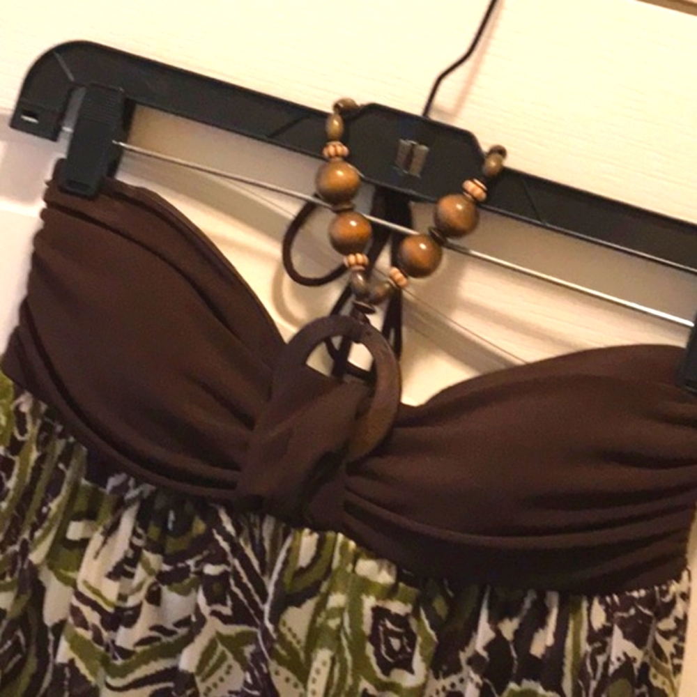 Green/brown/ivory halter dress - Picture 2 of 3